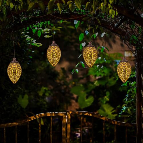 2Pcs Solar LED Hanging Lantern Lights Metal Garden Patio Decor Lights Pink Iolaus