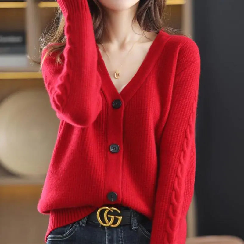 Solid Color V-Neck Cardigan Sweaters for Women