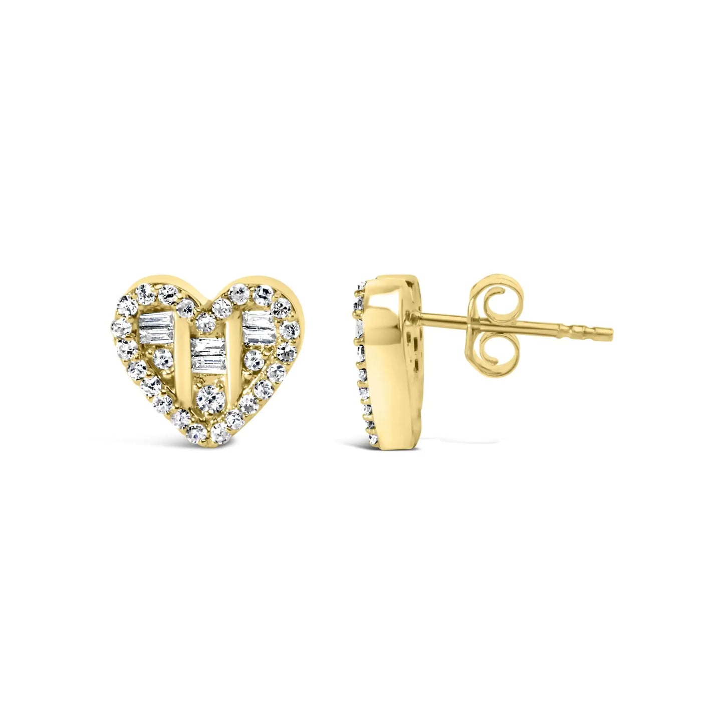 .925 Sterling Silver 1/2 Cttw Round and Baguette Diamond Composite Heart Shaped Stud Earring (I-J Color, SI2-I1 Clarity)