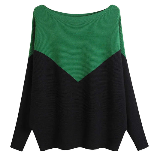 GABERLY Boat Neck Batwing Sleeves Dolman Knitted Sweaters and Pullovers Tops for Women One Size Black & Green