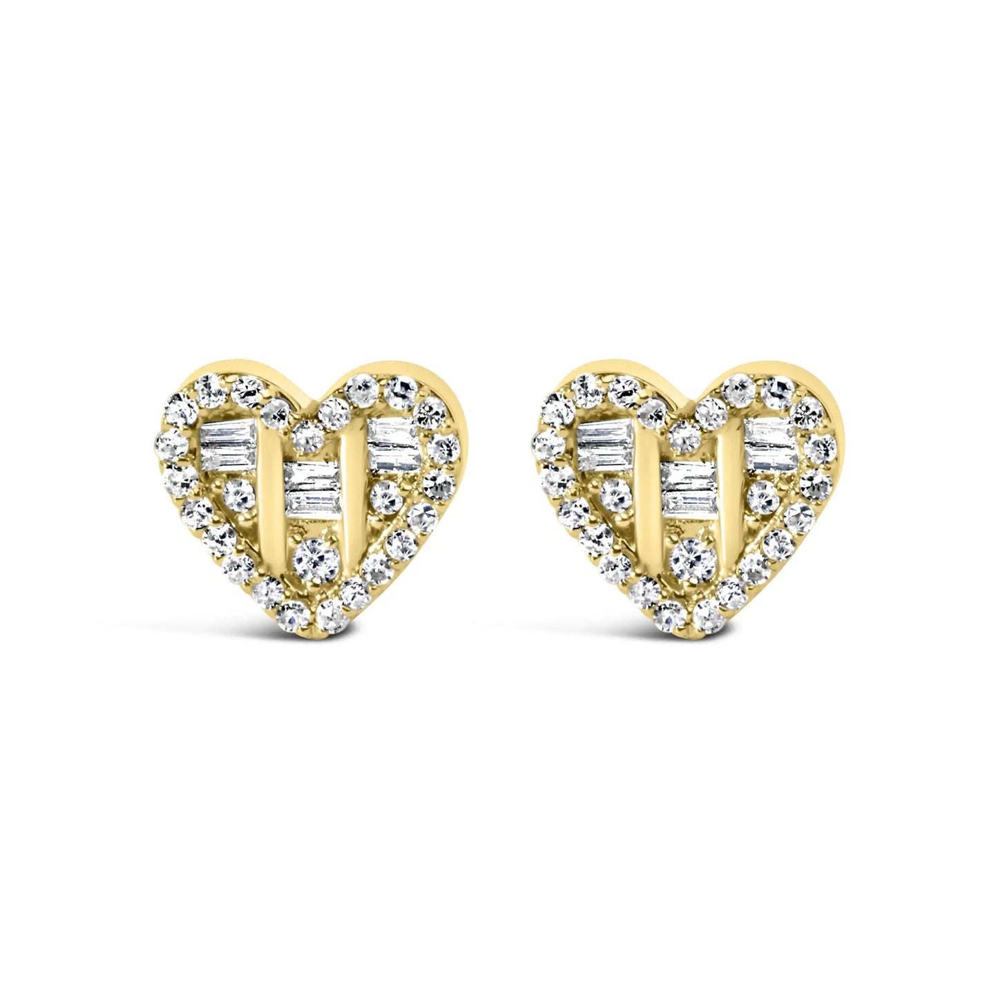 .925 Sterling Silver 1/2 Cttw Round and Baguette Diamond Composite Heart Shaped Stud Earring (I-J Color, SI2-I1 Clarity)