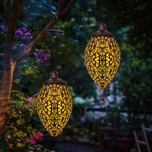 2Pcs Solar LED Hanging Lantern Lights Metal Garden Patio Decor Lights Pink Iolaus
