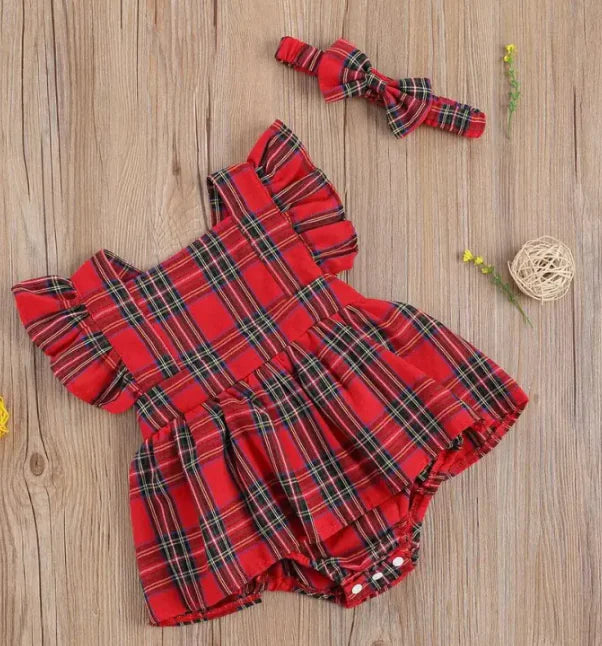 Infant Toddler Summer Stripes Flounced Sleeve Dress Girls' Christmas Plaid Romper