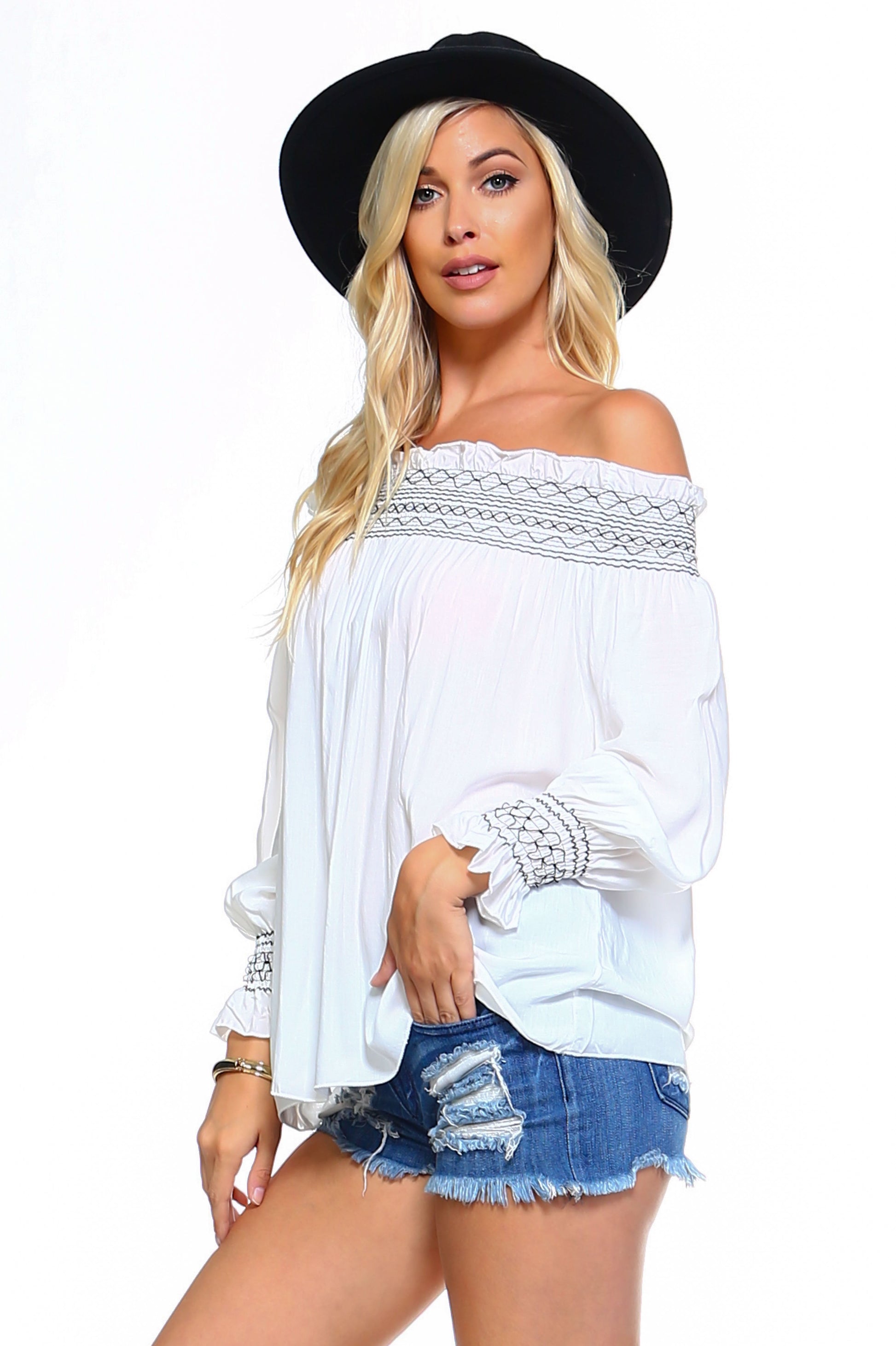 Women's Off Shoulder Stripe Smocked Elastic Top Ivory Felix