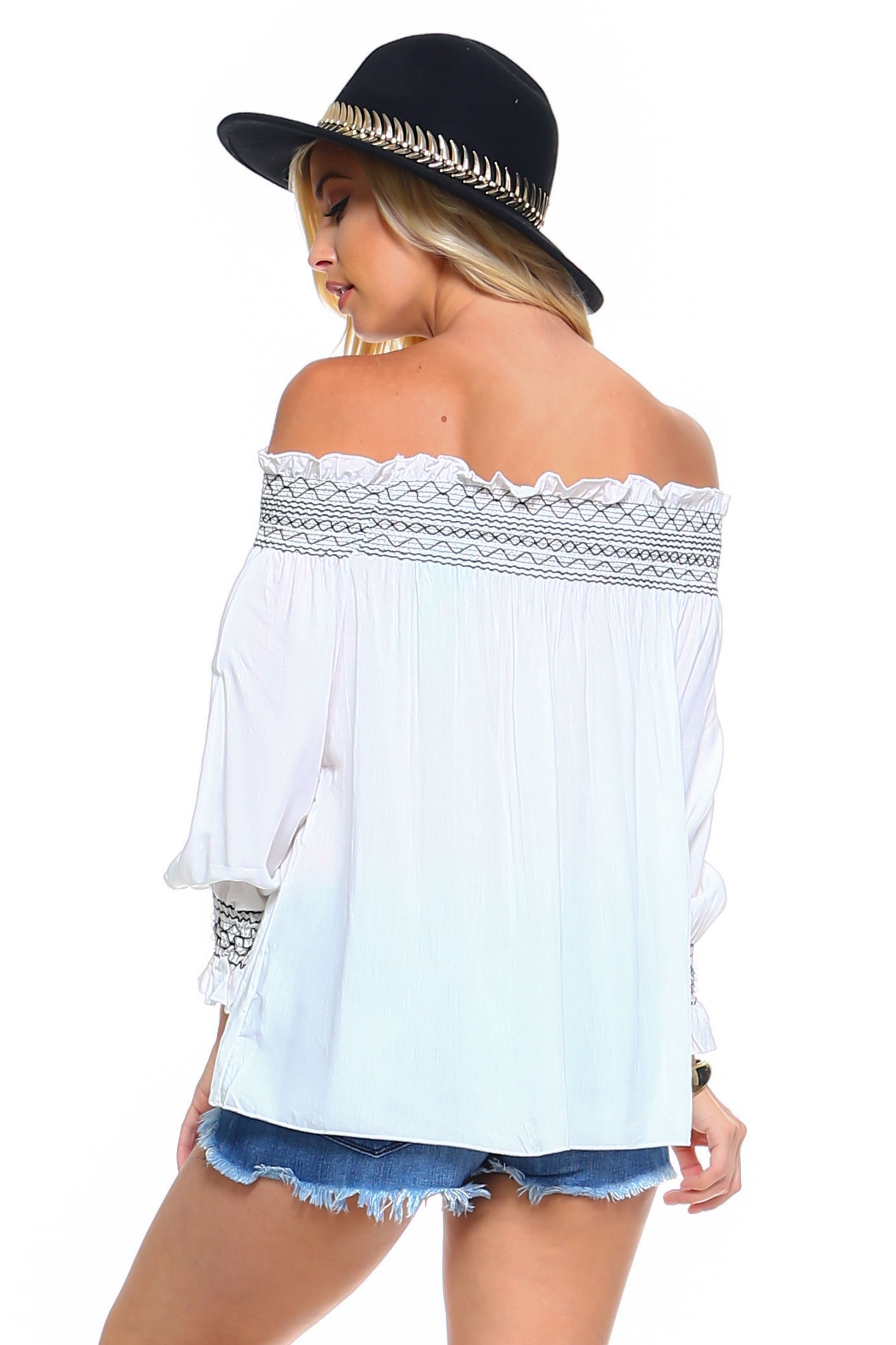 Women's Off Shoulder Stripe Smocked Elastic Top Ivory Felix