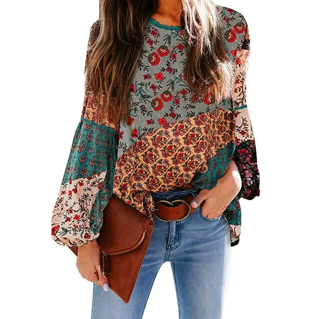 Bohemian Print Loose Sleeve Blouse