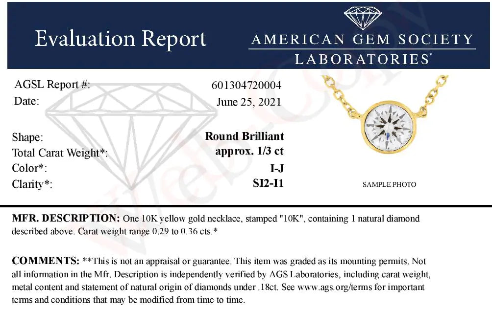 AGS Certified 10K Yellow Gold 1/3 Cttw Bezel Set Round Diamond Solitaire 16-18" Adjustable Pendant Necklace (I-J Color, SI2-I1 Clarity)