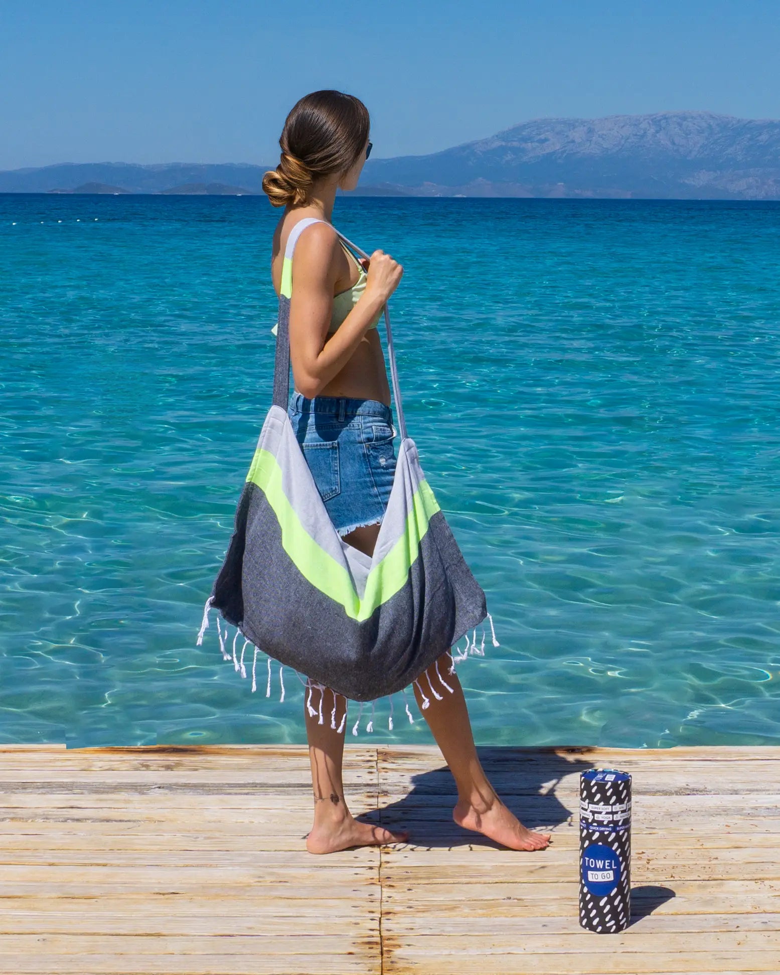 Neon Two-in-One Beach Towel and Bag, Grey, Black, Recycled Cotton with Copper Amymone