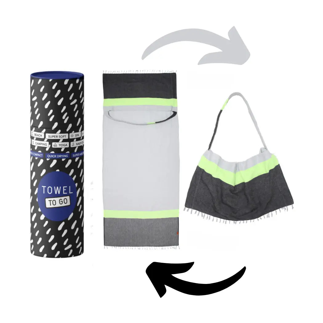 Neon Two-in-One Beach Towel and Bag, Grey, Black, Recycled Cotton with Copper Amymone