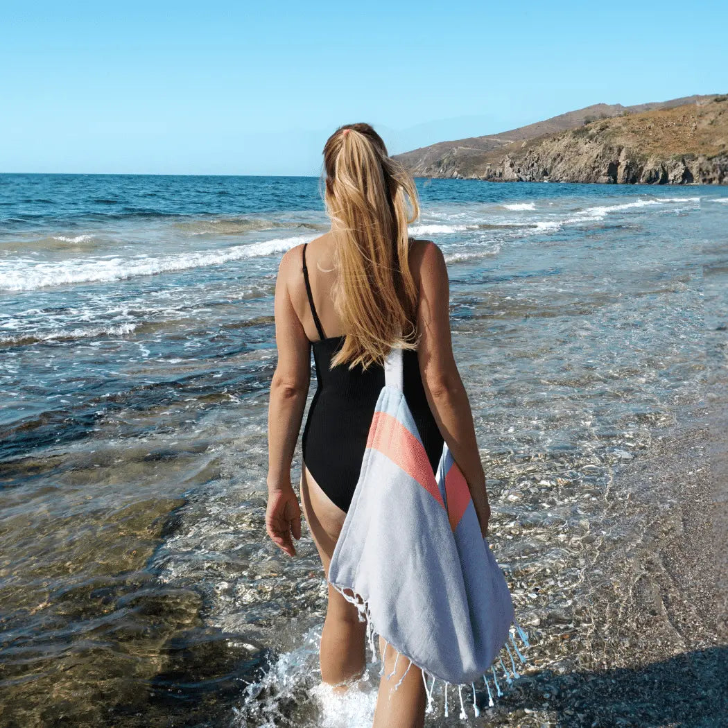Neon Two-in-One Beach Towel and Bag, Grey, Black, Recycled Cotton with Copper Amymone
