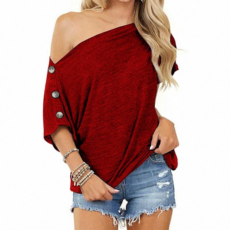 2021   New Women Tops off-Shoulder Button Short Sleeve T-shirt for Jade