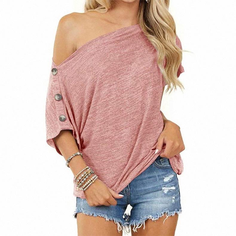 2021   New Women Tops off-Shoulder Button Short Sleeve T-shirt for Jade