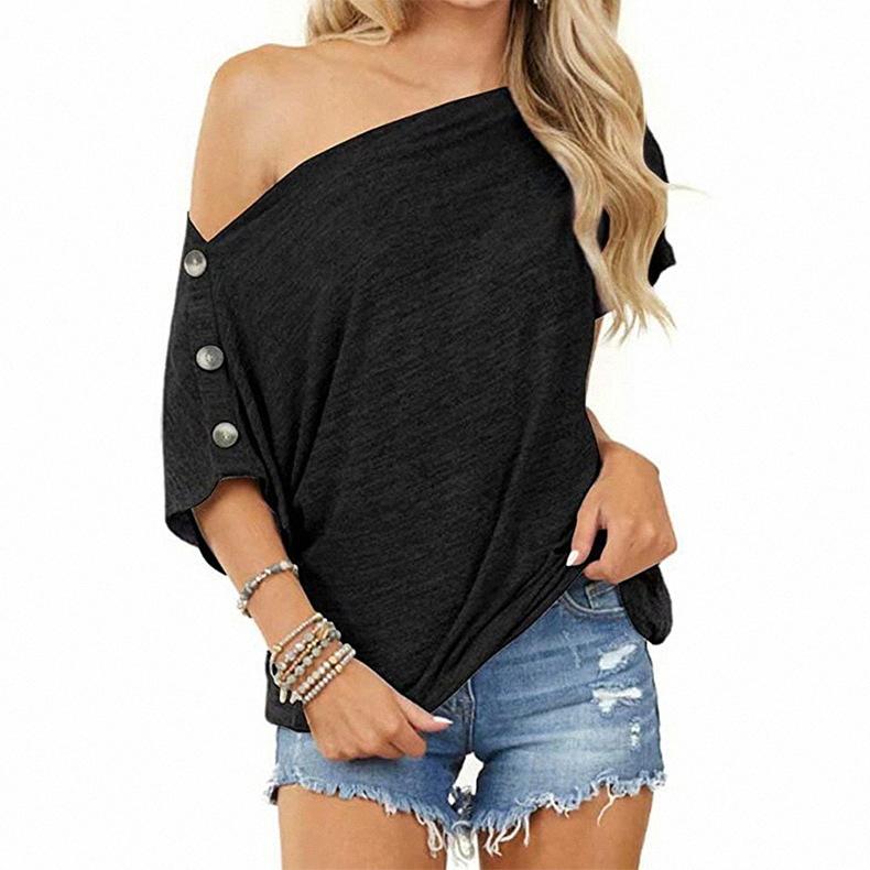 2021   New Women Tops off-Shoulder Button Short Sleeve T-shirt for Jade