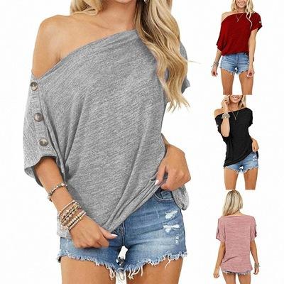 2021   New Women Tops off-Shoulder Button Short Sleeve T-shirt for Jade
