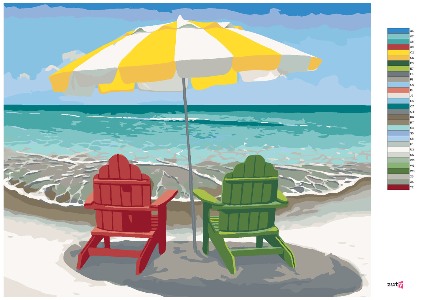 Paint by Numbers - WOODEN CHAIR WITH UMBRELLA ON THE BEACH (ROBERT Erin Medea
