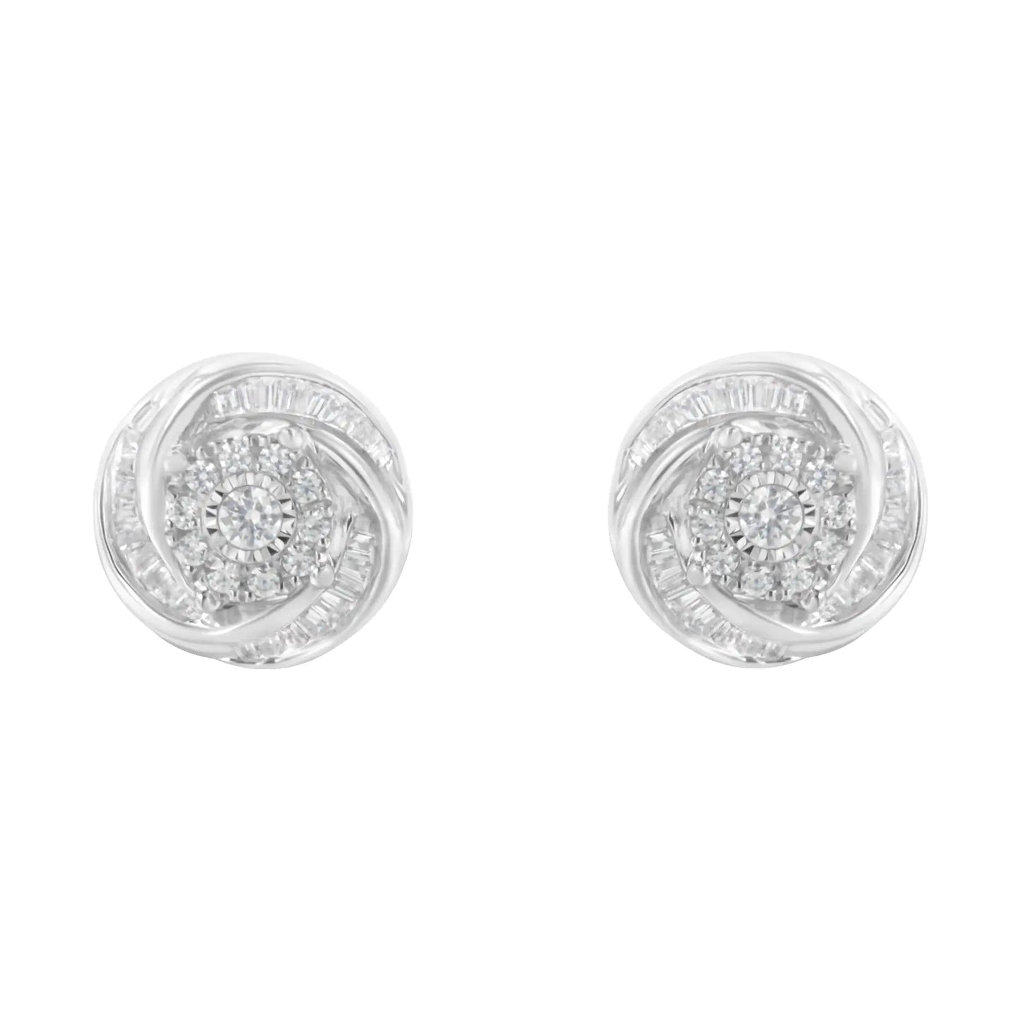 .925 Sterling Silver 3/4 Cttw Round and Baguette-Cut Diamond Love Knot Stud Earring (I-J Color, I2-I3 Clarity)