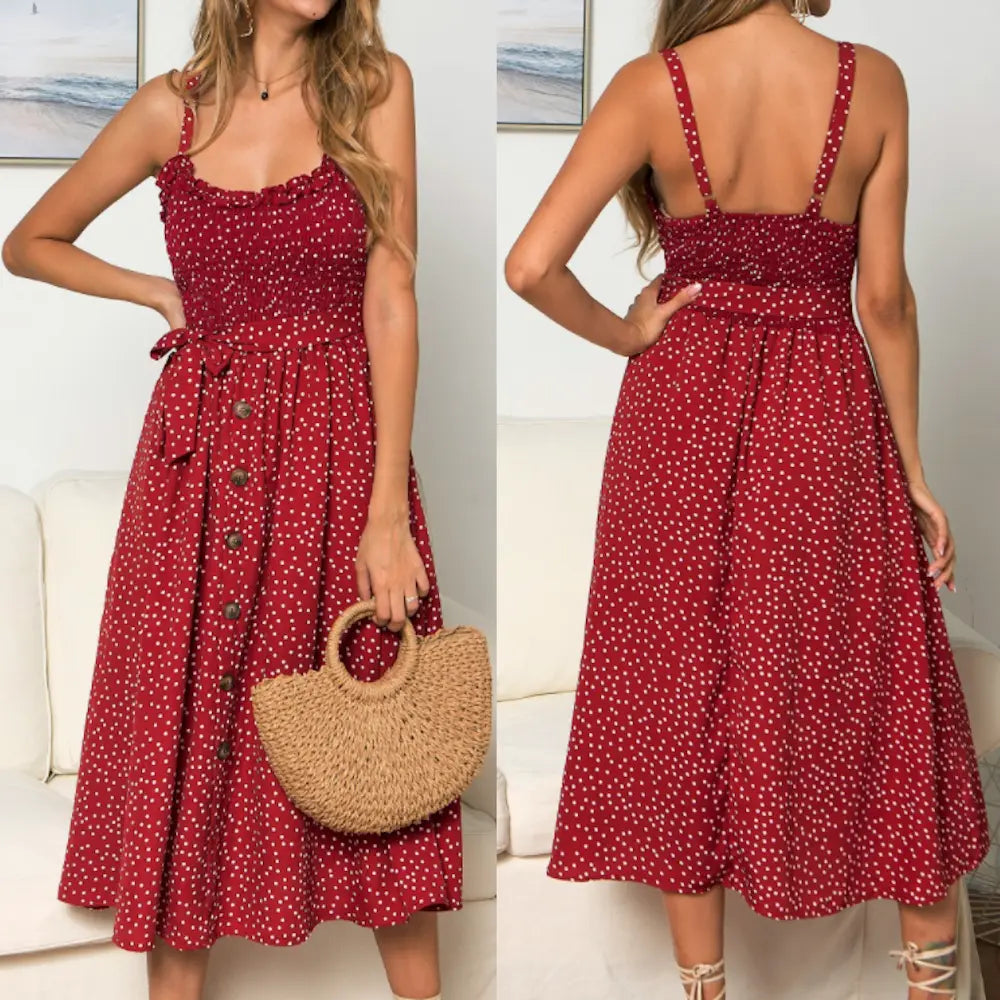 Women Spaghetti Straps Polka Dot Maxi Dress Yellow Pandora