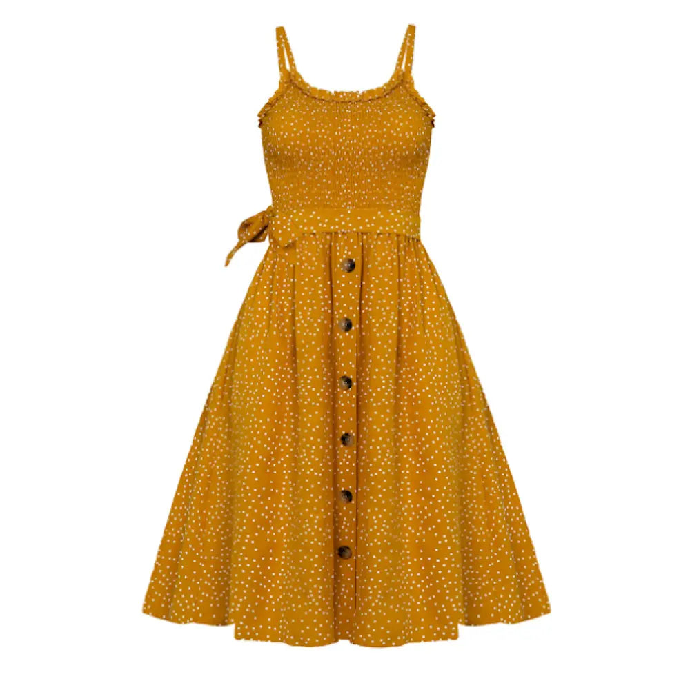 Women Spaghetti Straps Polka Dot Maxi Dress Yellow Pandora