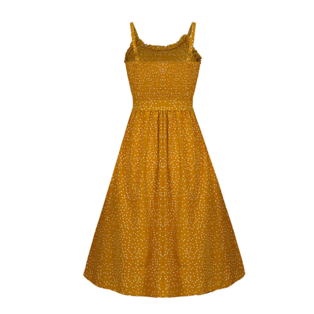 Women Spaghetti Straps Polka Dot Maxi Dress Yellow Pandora