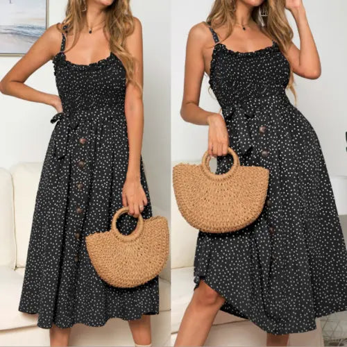 Women Spaghetti Straps Polka Dot Maxi Dress Yellow Pandora