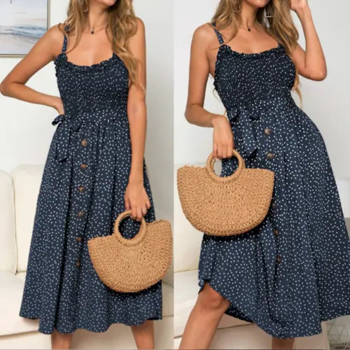 Women Spaghetti Straps Polka Dot Maxi Dress Yellow Pandora