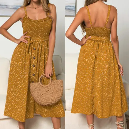 Women Spaghetti Straps Polka Dot Maxi Dress Yellow Pandora