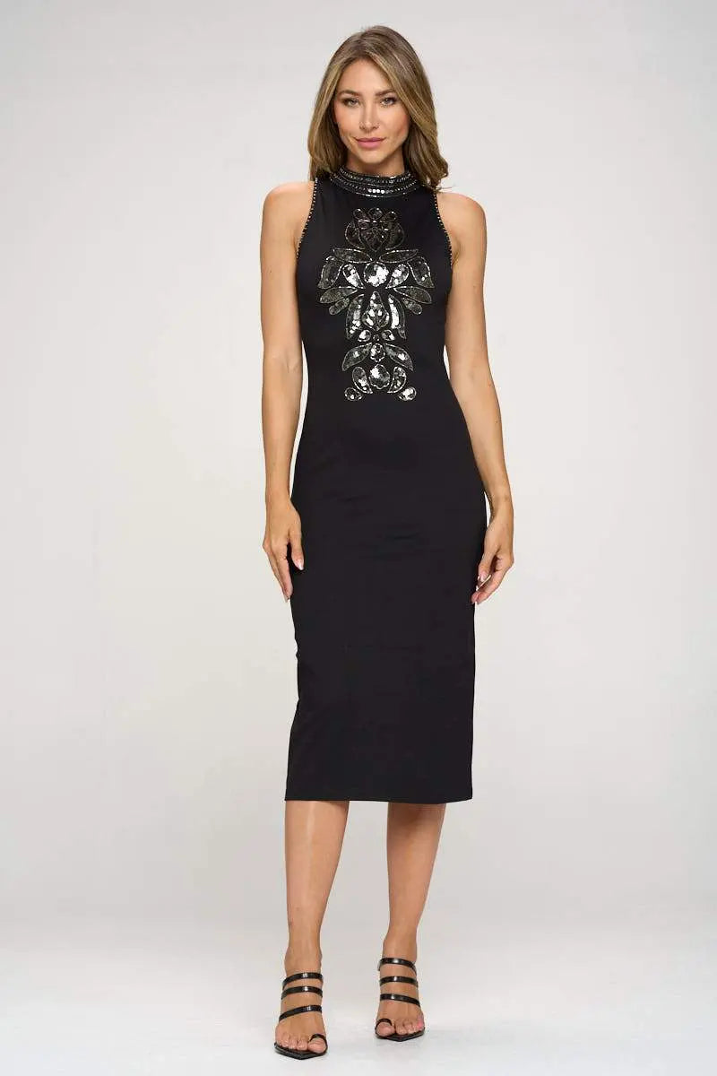 Women's Sleeveless Bodycon Dress with Embellished Front Detail Indigo Arrowwood