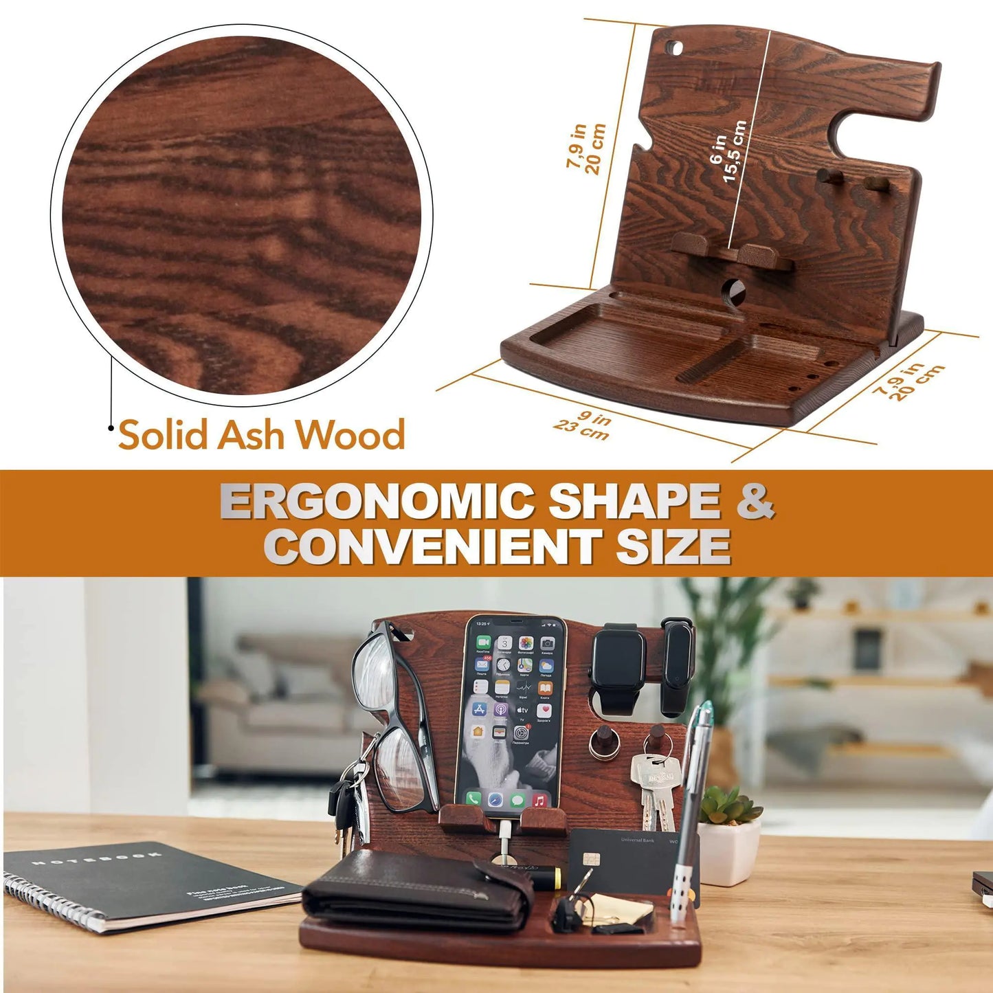 Wood Phone Docking Station Ash Key Holder Wallet Watch Stand Gadgets Organizer