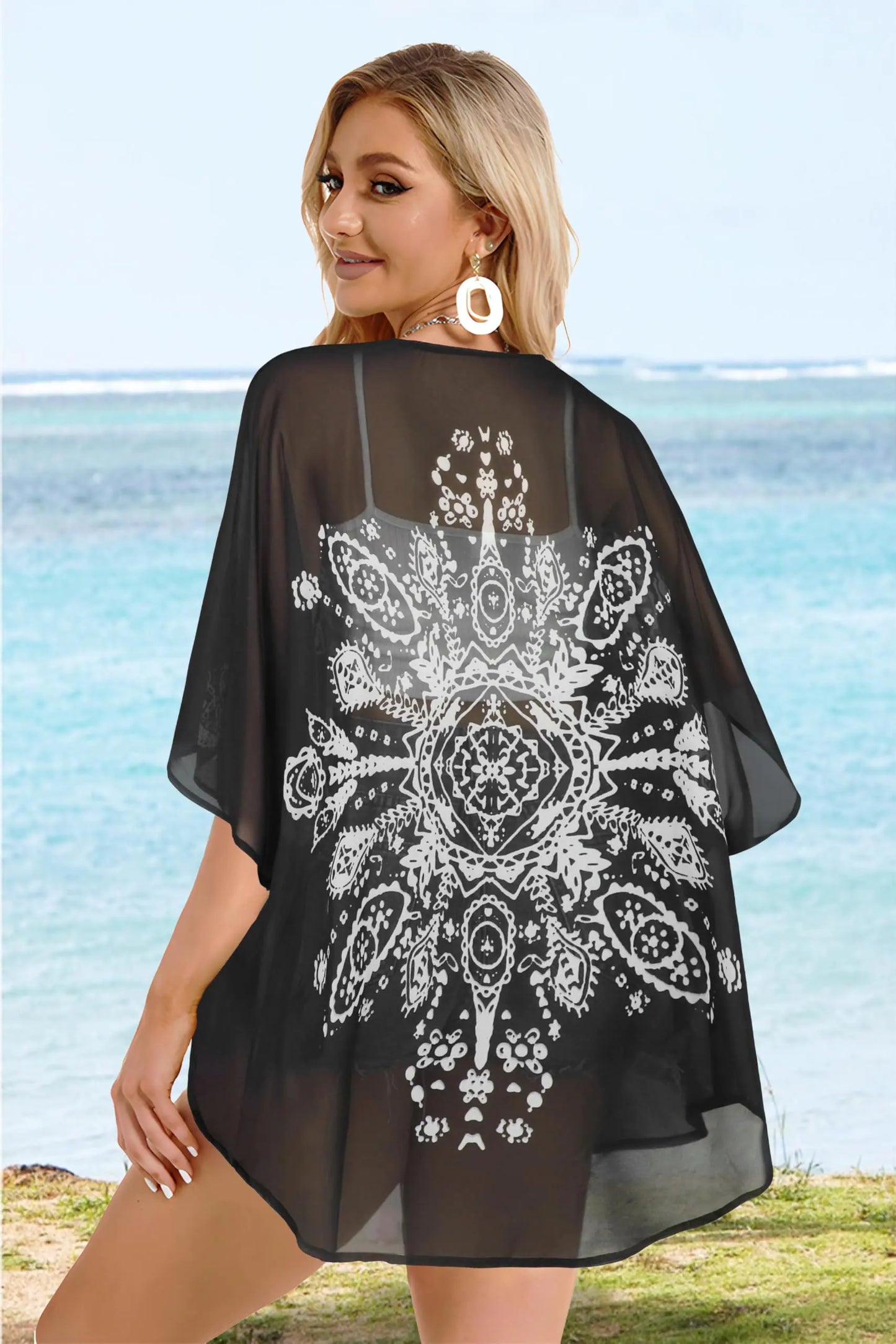 Women's Floral Print Puff Sleeve Kimono Cardigan Loose Cover Up Casual Blouse Tops Large Black