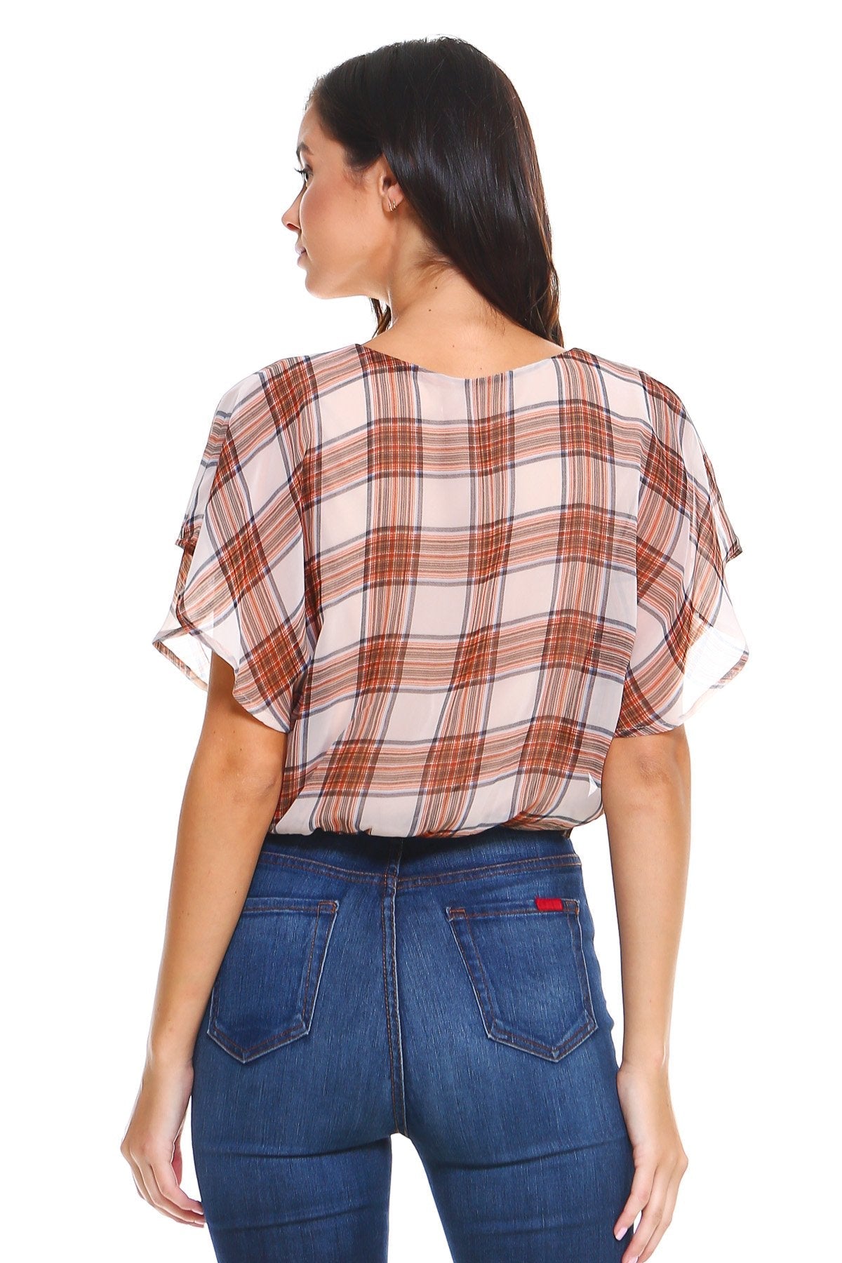 Plaid V-Neck Tie-Front Blouse with Flutter Sleeves Indigo Arrowwood