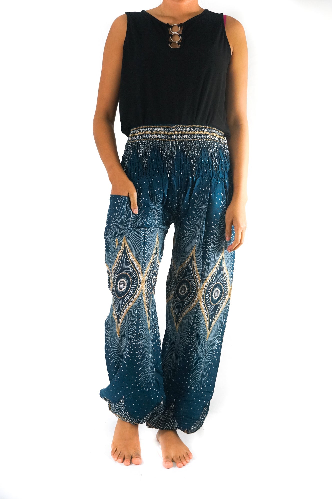 Teal PEACOCK Women Boho Pants Hippie Pants Yoga Pants Tan Smokey