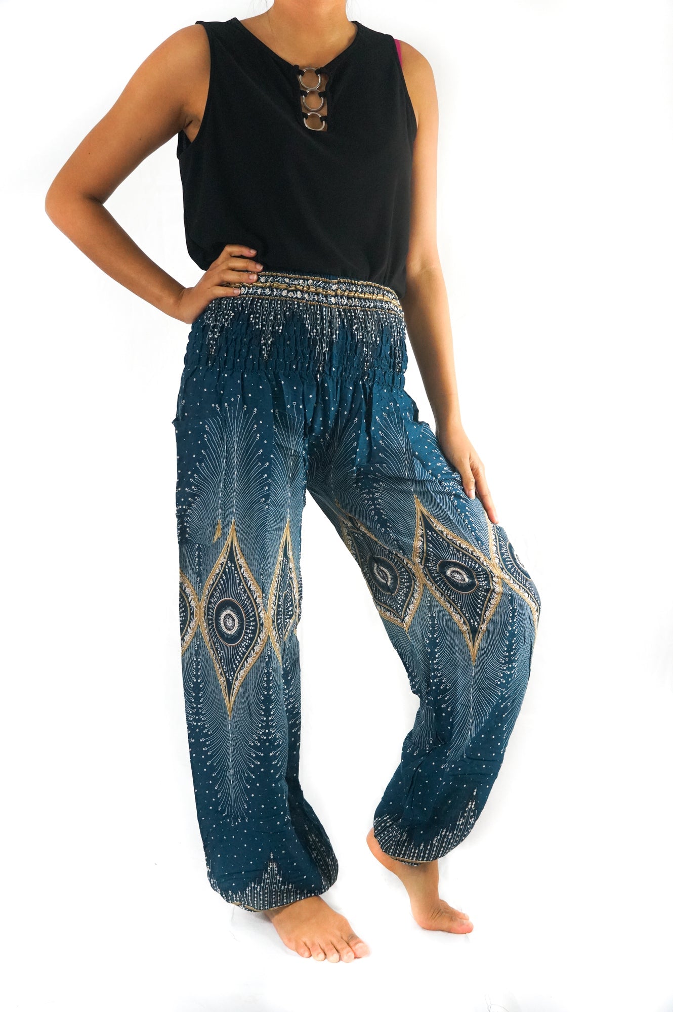 Teal PEACOCK Women Boho Pants Hippie Pants Yoga Pants Tan Smokey