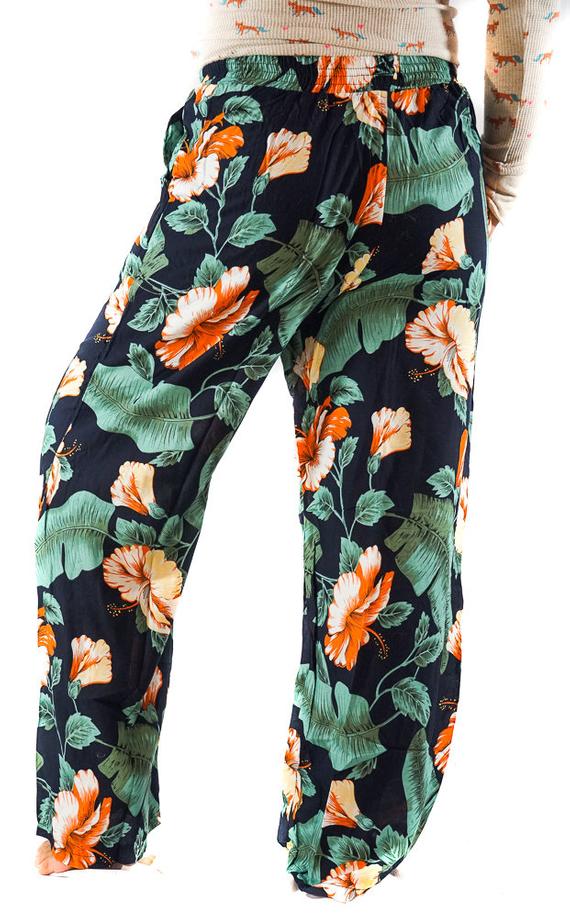 XS-M Leaf Print Pants Women Boho Pants Hippie Tan Smokey