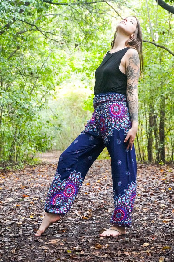 Blue FLORAL MANDALA Women Harem Pants Boho Pants Hippie Tan Smokey
