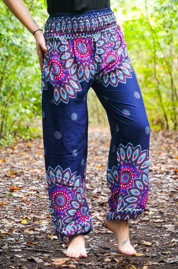 Blue FLORAL MANDALA Women Harem Pants Boho Pants Hippie Tan Smokey