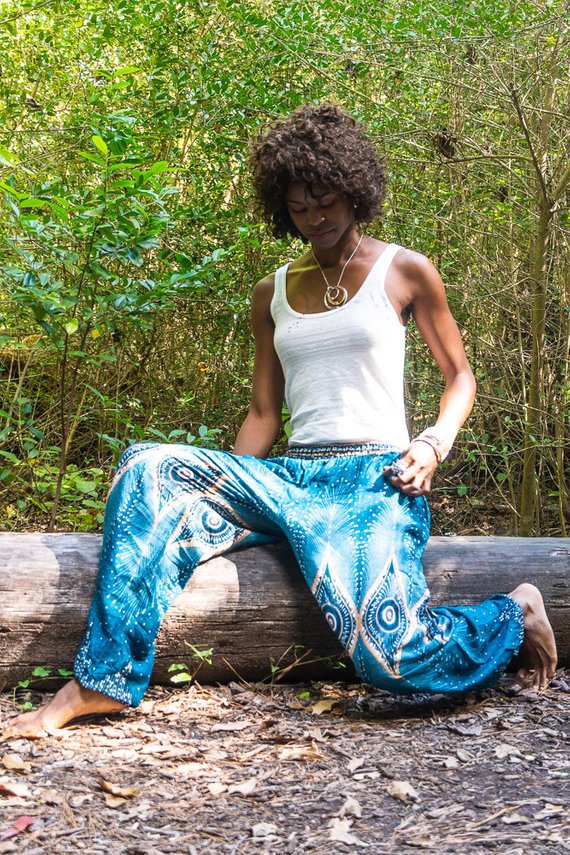 Teal PEACOCK Women Boho Pants Hippie Pants Yoga Pants Tan Smokey