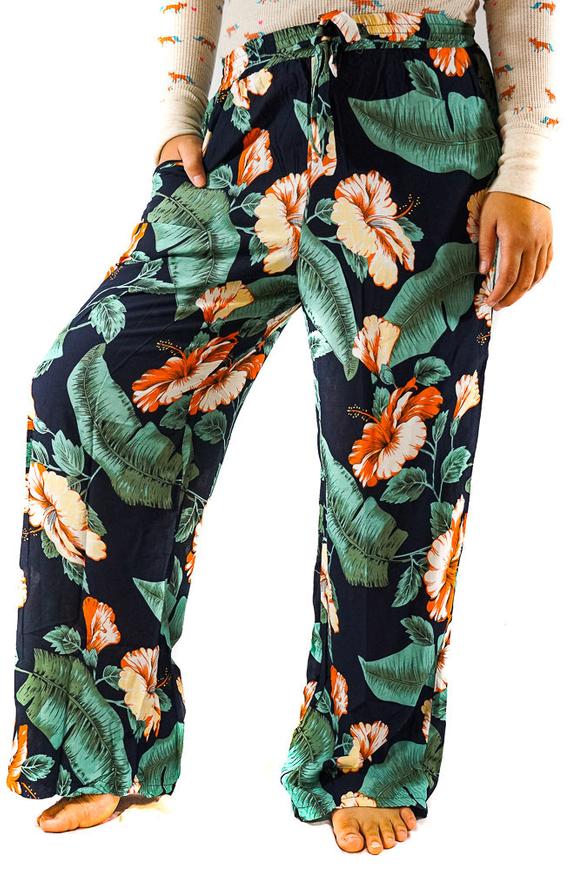 XS-M Leaf Print Pants Women Boho Pants Hippie Tan Smokey