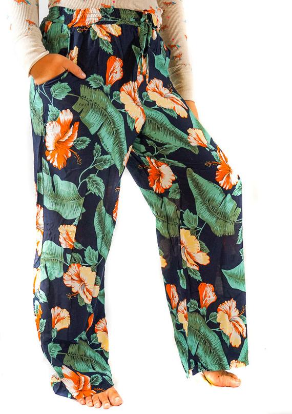 XS-M Leaf Print Pants Women Boho Pants Hippie Tan Smokey