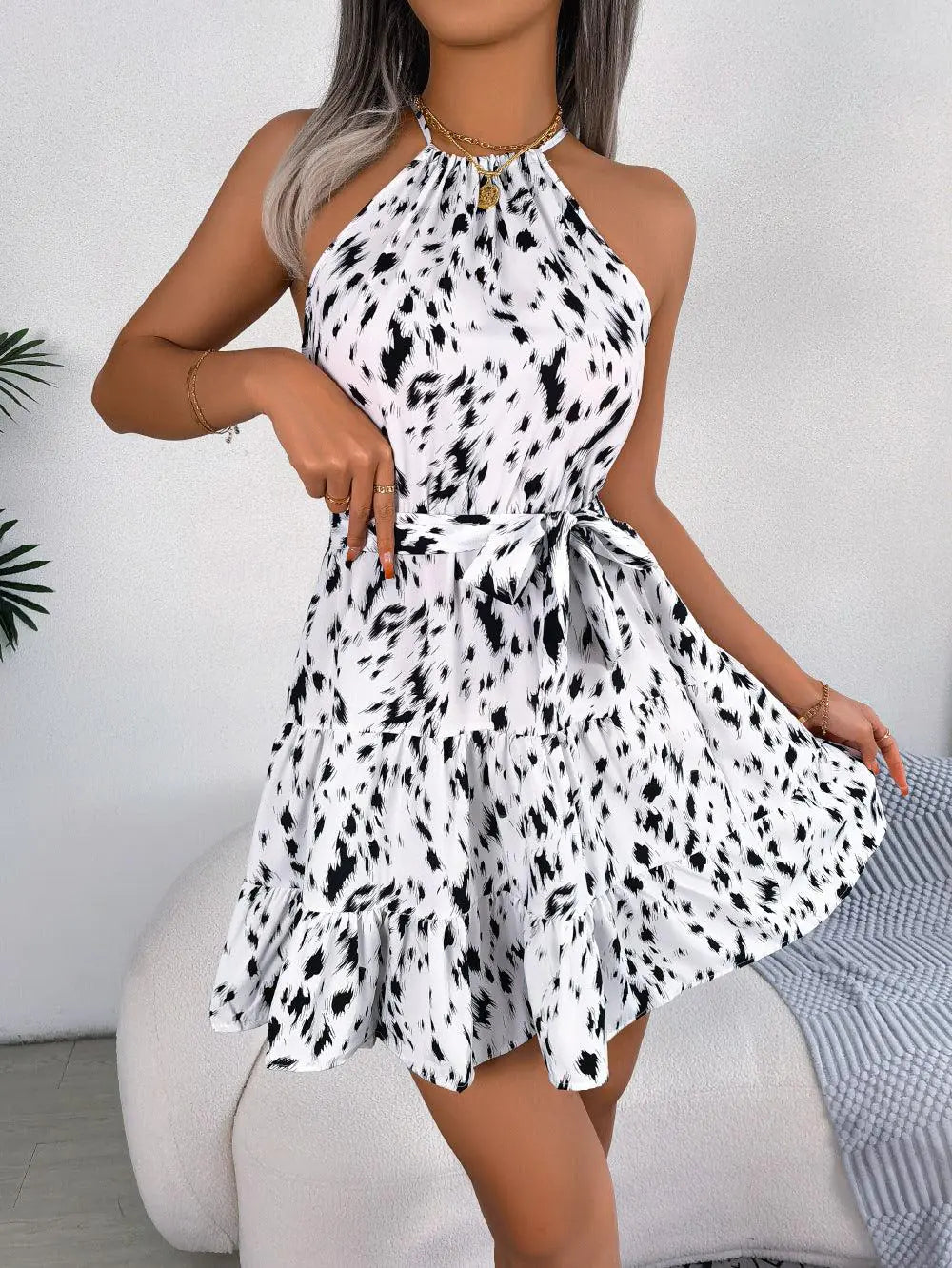 Leopard Print Ruffled Swing Dress Summer Fashion Beach Dresses Women