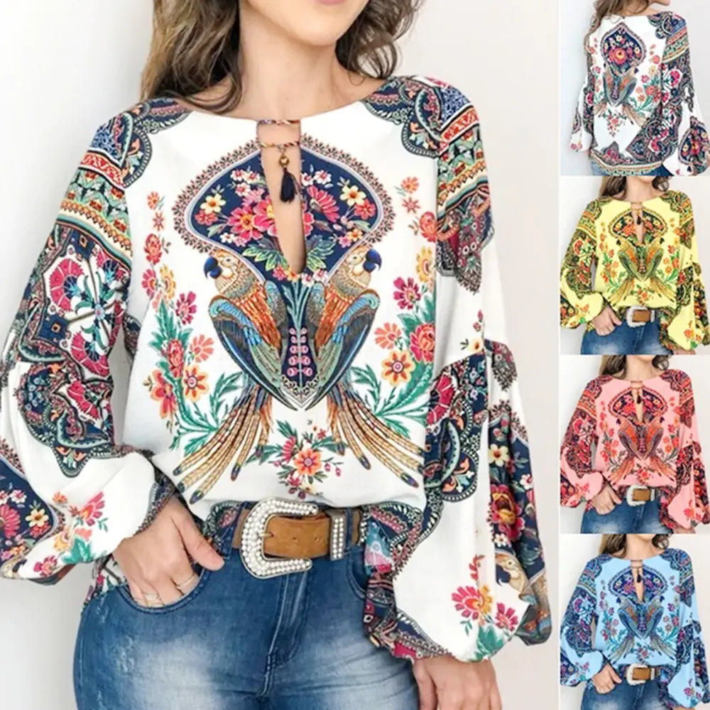 Floral Lantern Sleeve Boho Blouse