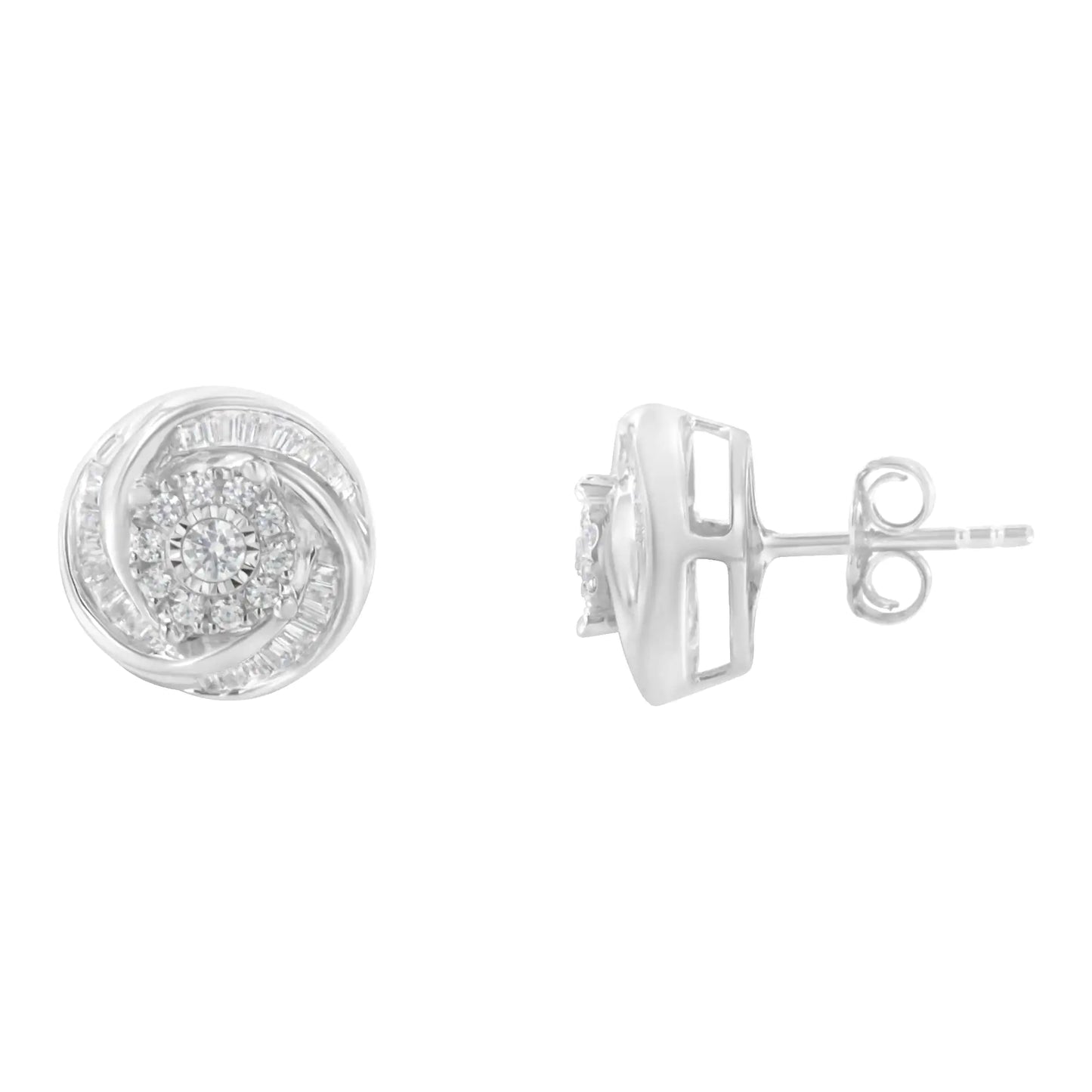 .925 Sterling Silver 3/4 Cttw Round and Baguette-Cut Diamond Love Knot Stud Earring (I-J Color, I2-I3 Clarity)