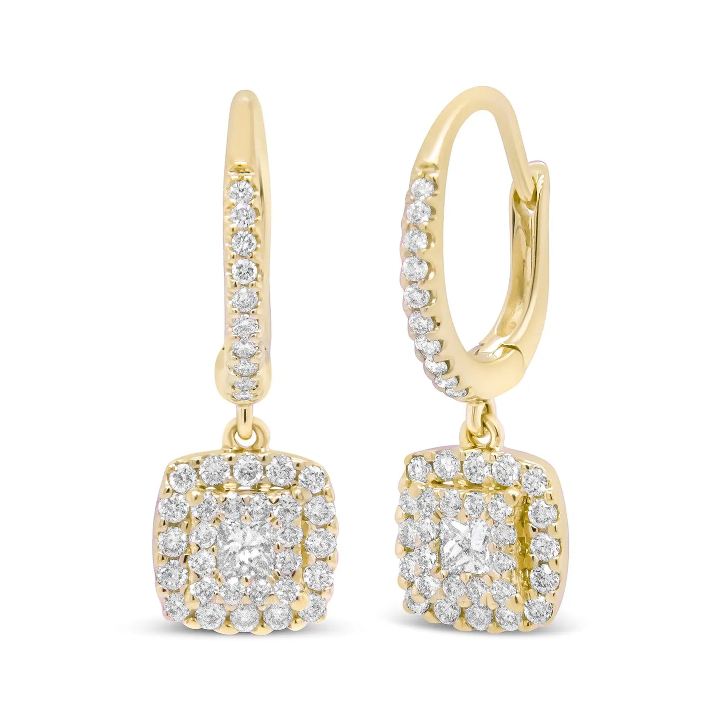 14K Yellow Gold 5/8 Cttw Invisible-Set Princess Diamond Square Halo Dangle Earring (H-I Color, SI1-SI2 Clarity)