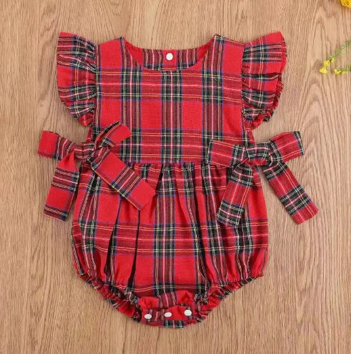 Infant Toddler Summer Stripes Flounced Sleeve Dress Girls' Christmas Plaid Romper